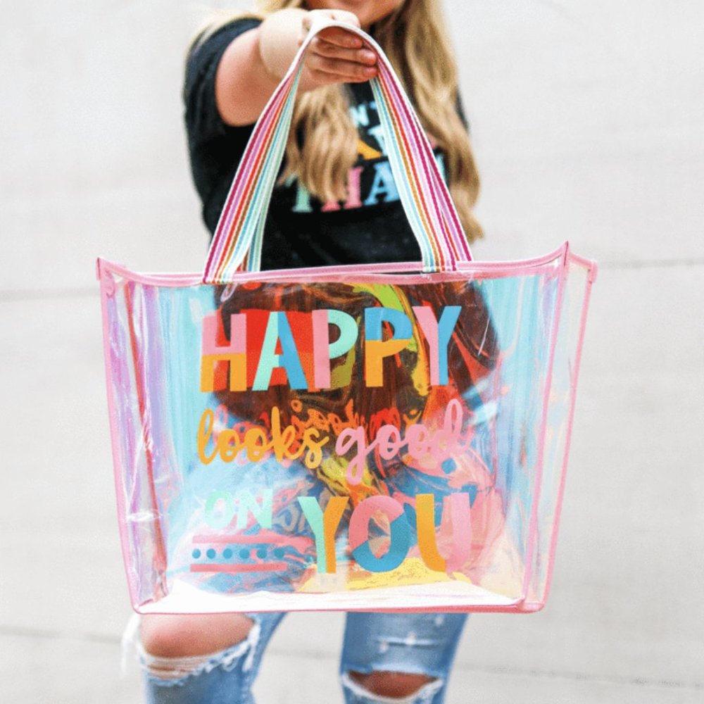 Happy Looks Good On You Pink Iridescent Tote